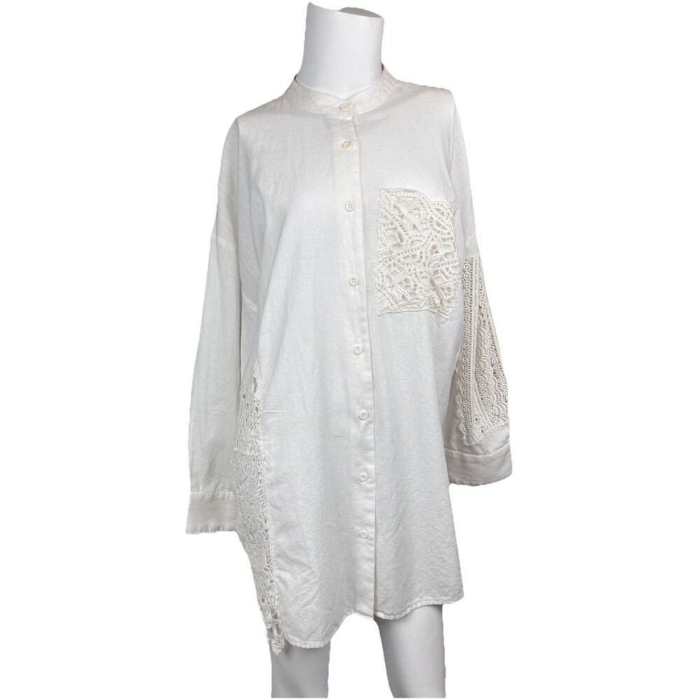 White Crochet Coastal Shirt Tunic Cover Up Cotton Linen Women's Size 4/S